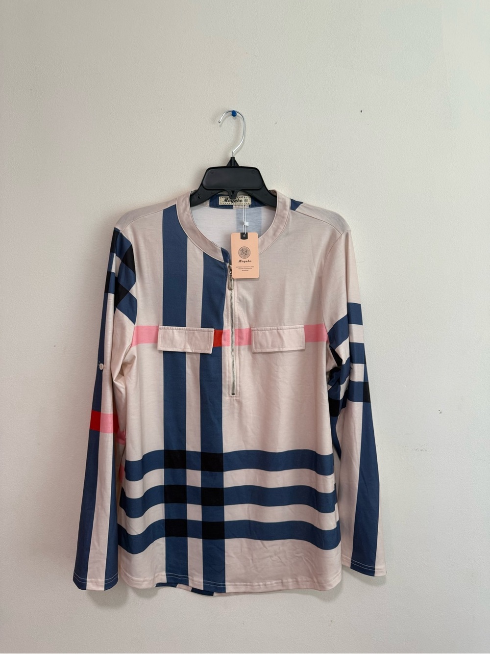 Plaid-Striped Long Sleeve Shirt in Beige with Navy & Pink Accents